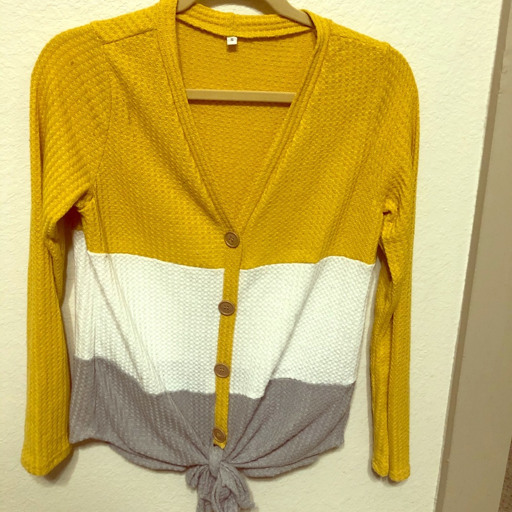 Waffle color block tie up sweater